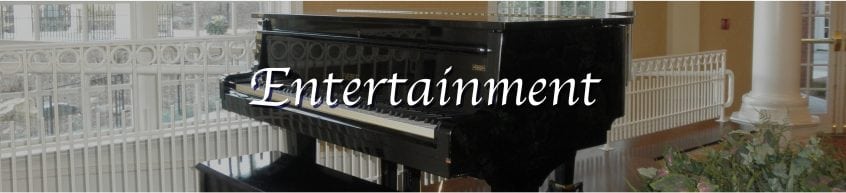 A black grand piano with lid closed is the backdrop for the title "Entertainment"